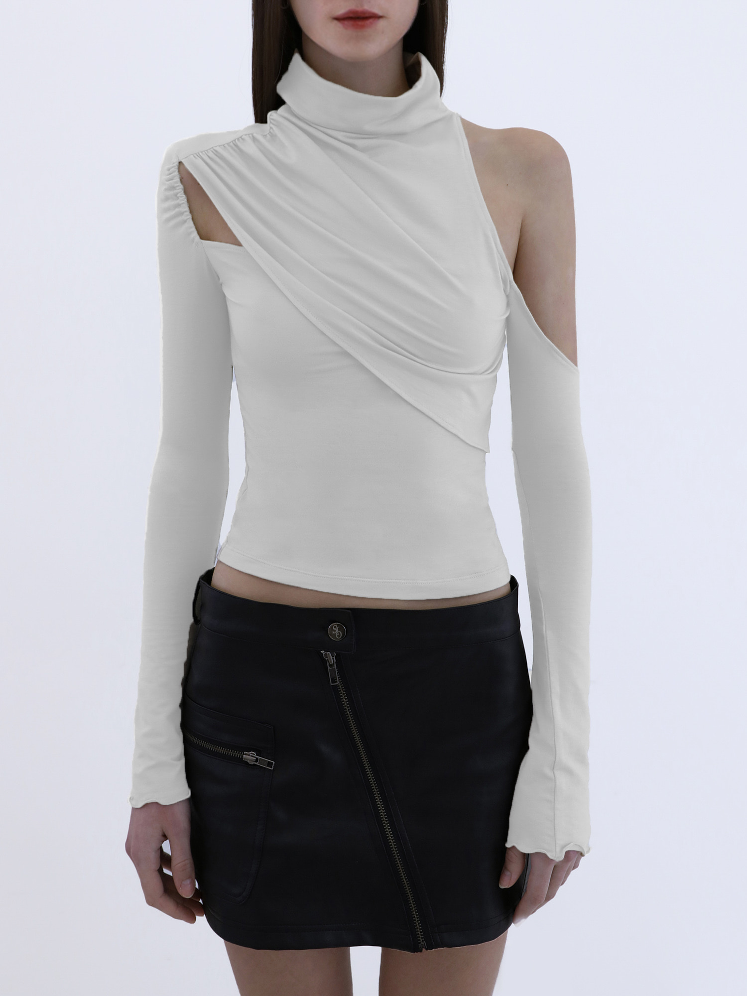 Cowl Neck Shirring Long Sleeve - White