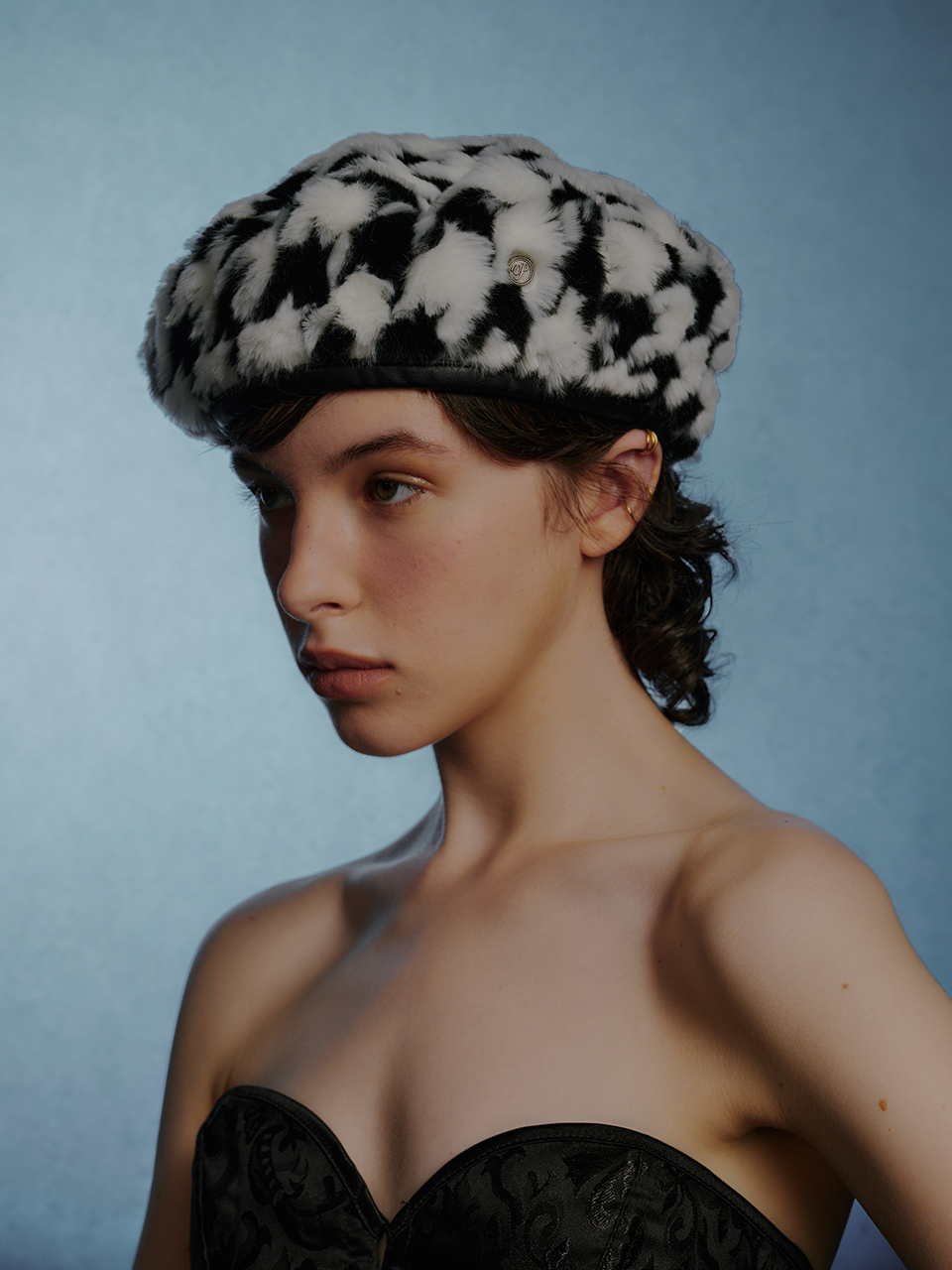 [Life PORTRAIT] Fur Marin Beret in Houndstooth Check