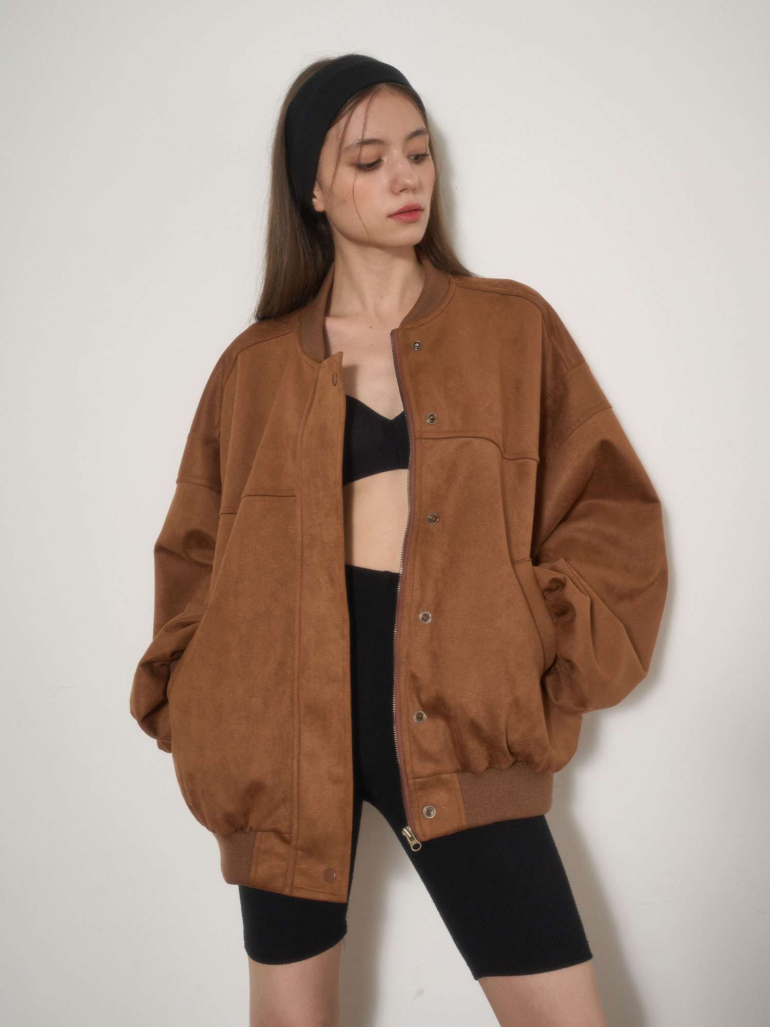 W Suede Bomber Jacket - Brown