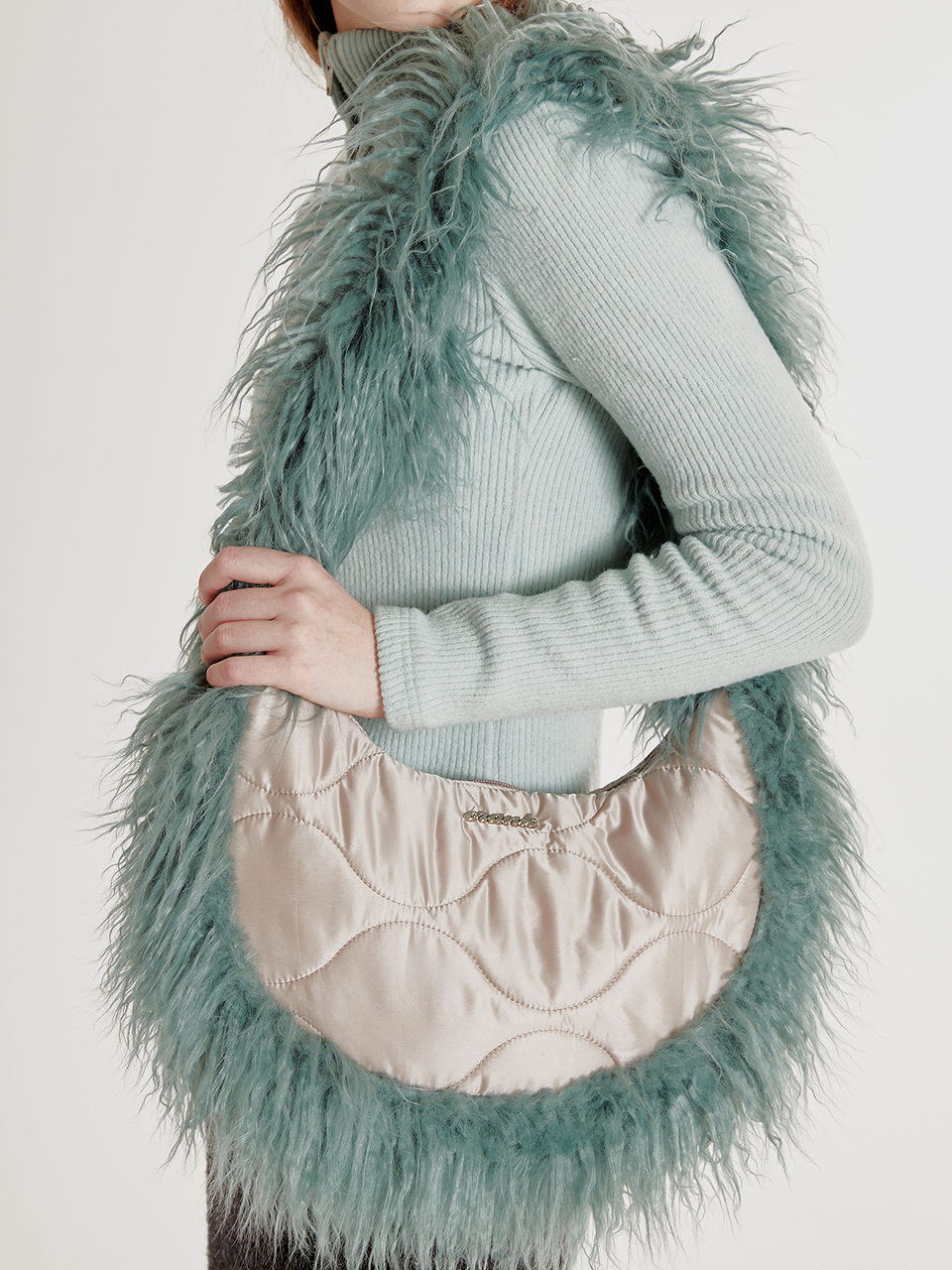 Padded Fur Shoulder Bag - Beige