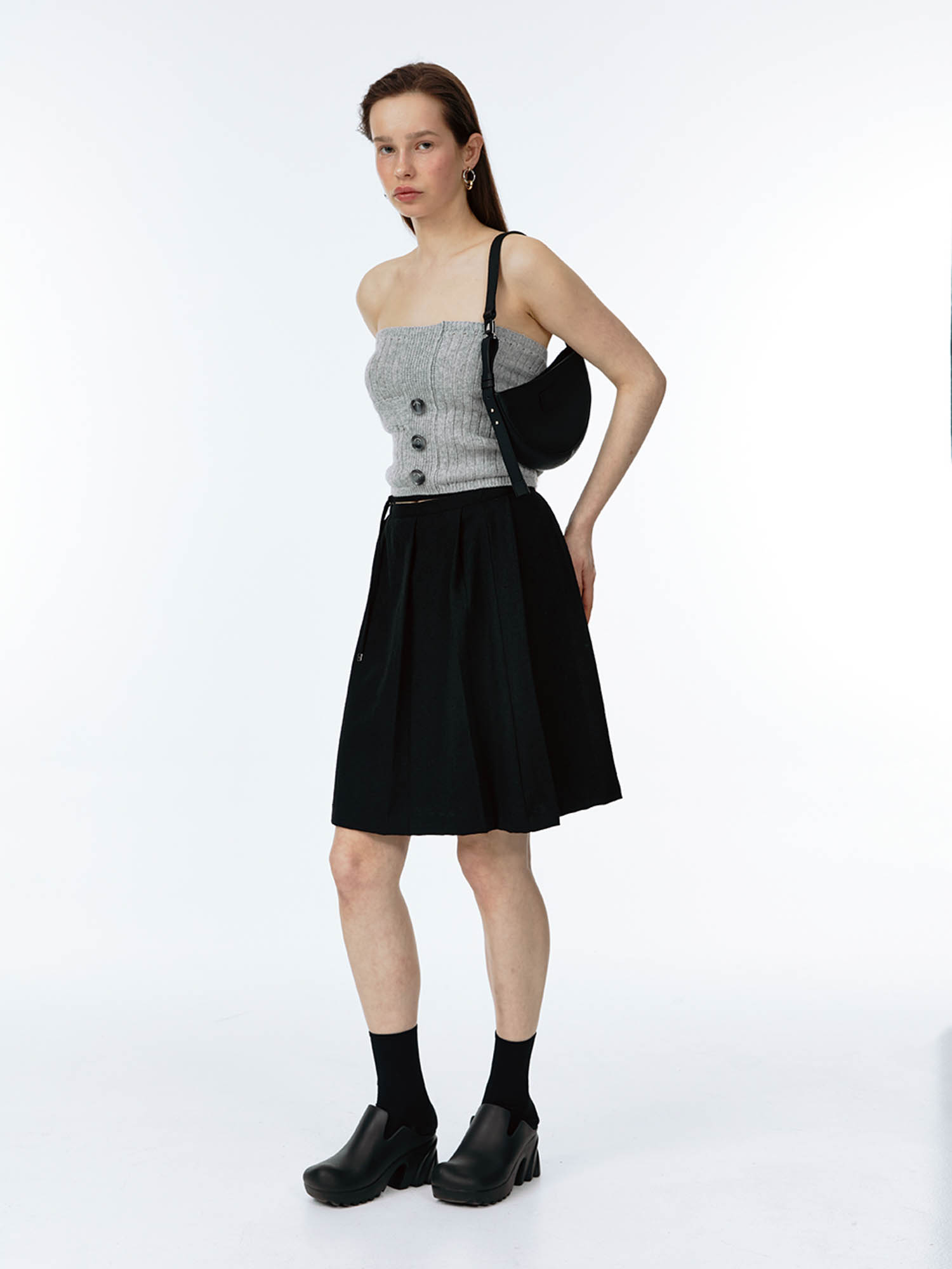 Soft Waist-belted Pleats Midi Skirt - Black