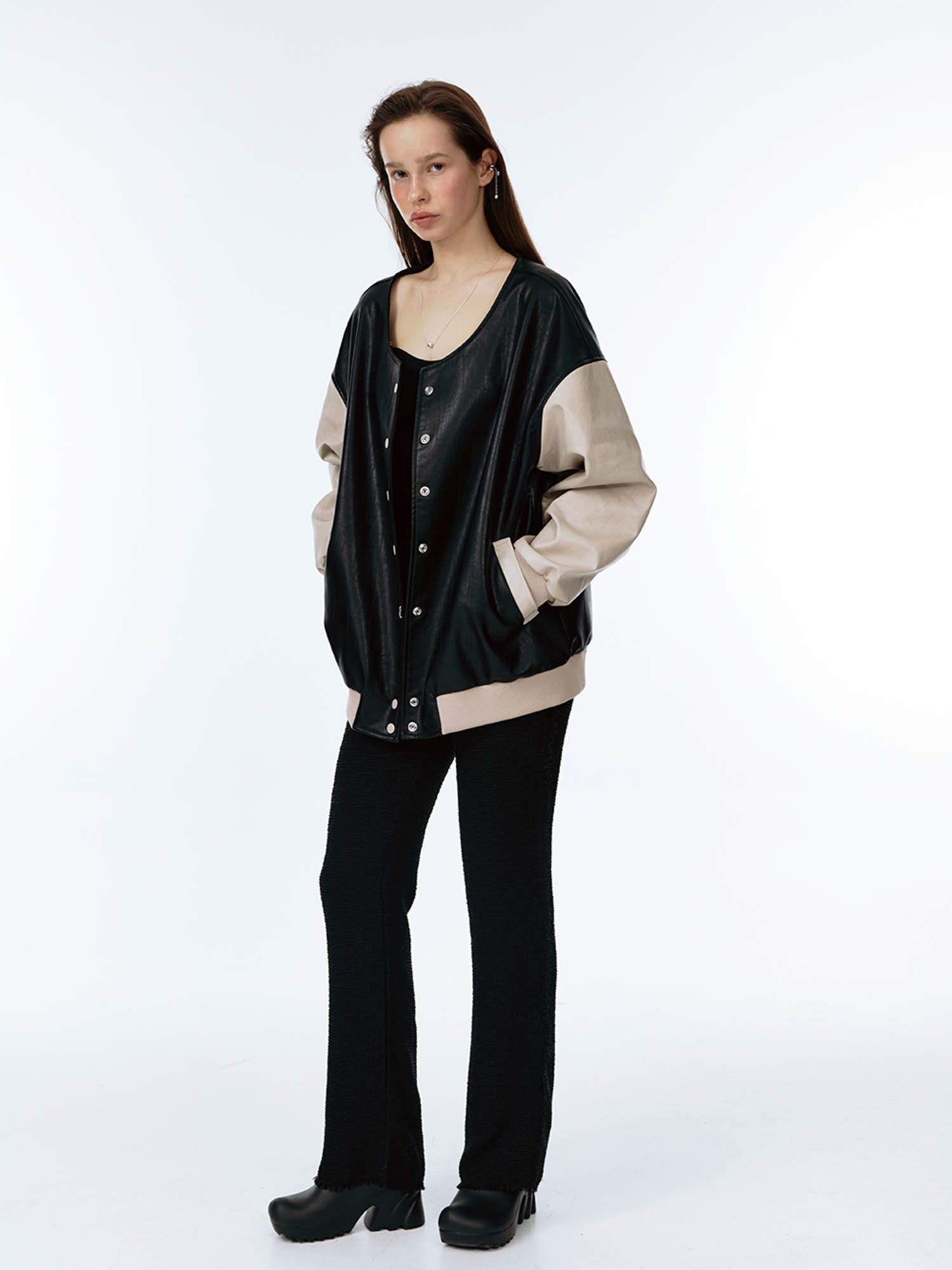 Soft Leather Varsity Jacket - Beige/Black