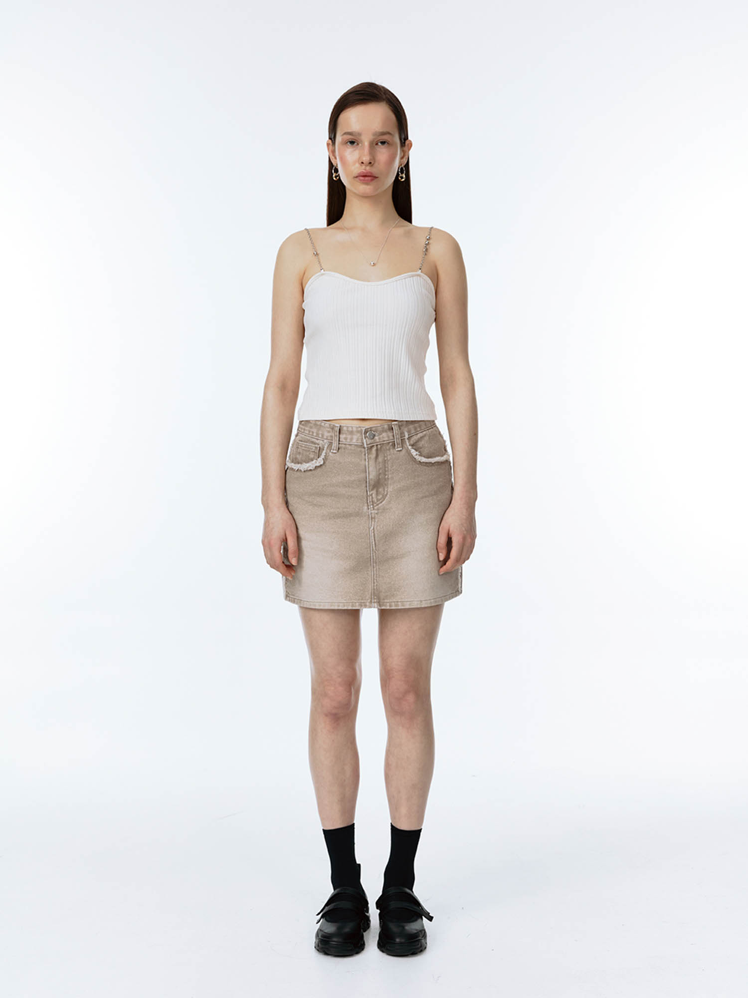 Fringe Denim Mini Skirt - Beige