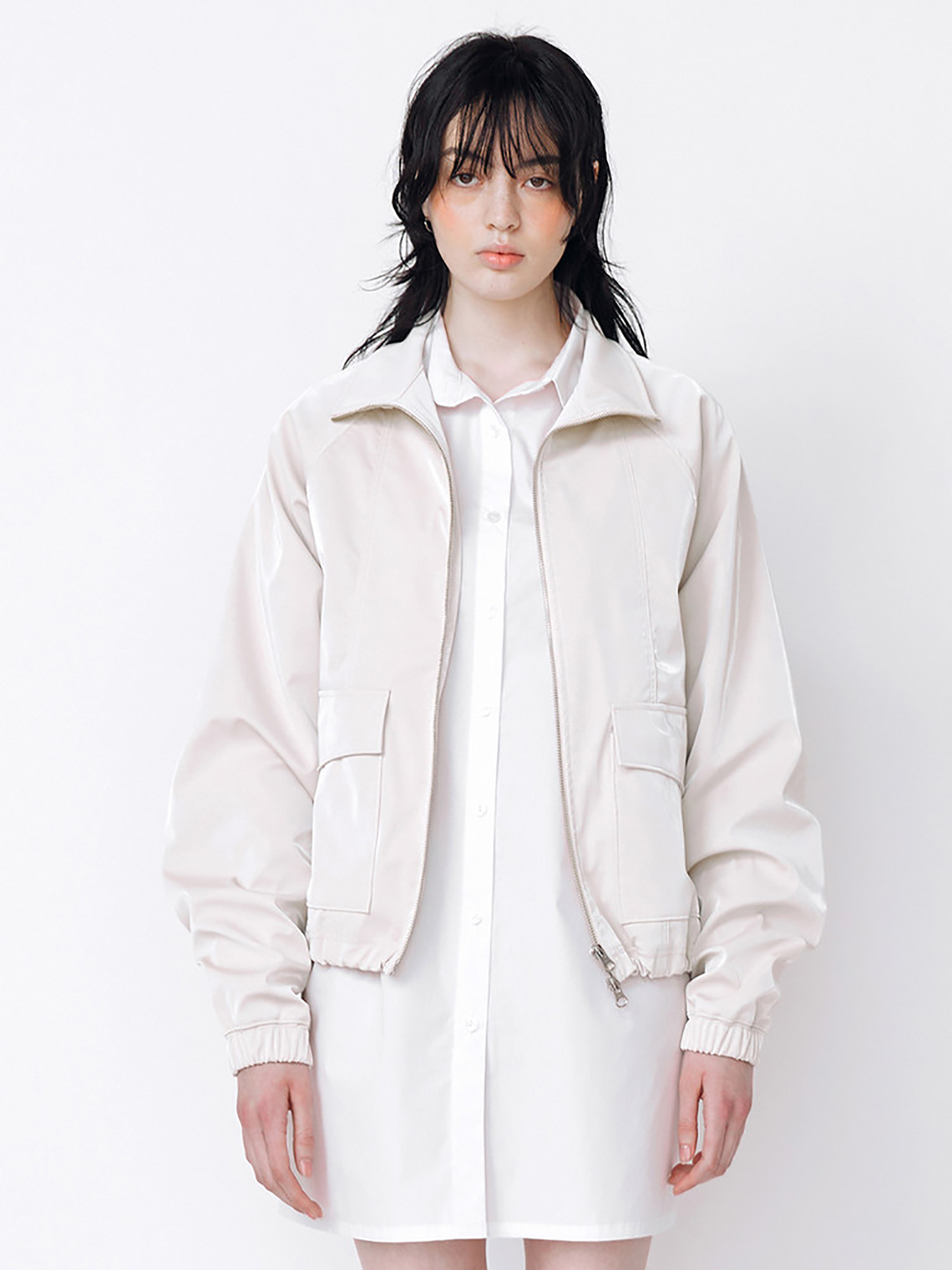 Glossy Zip-Up Leather Jumper - Ivory