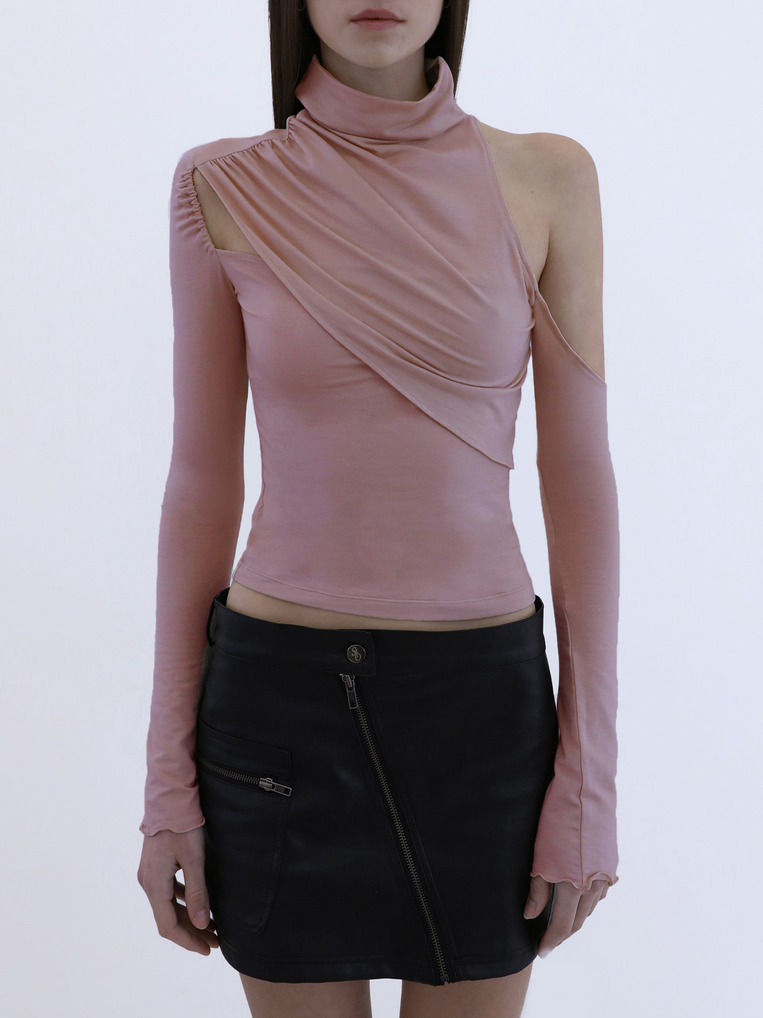 Cowl Neck Shirring Long Sleeve - Baby Pink