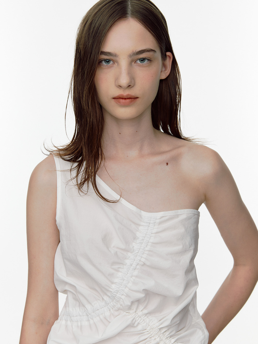 Unbalanced Shirring Blouse - White