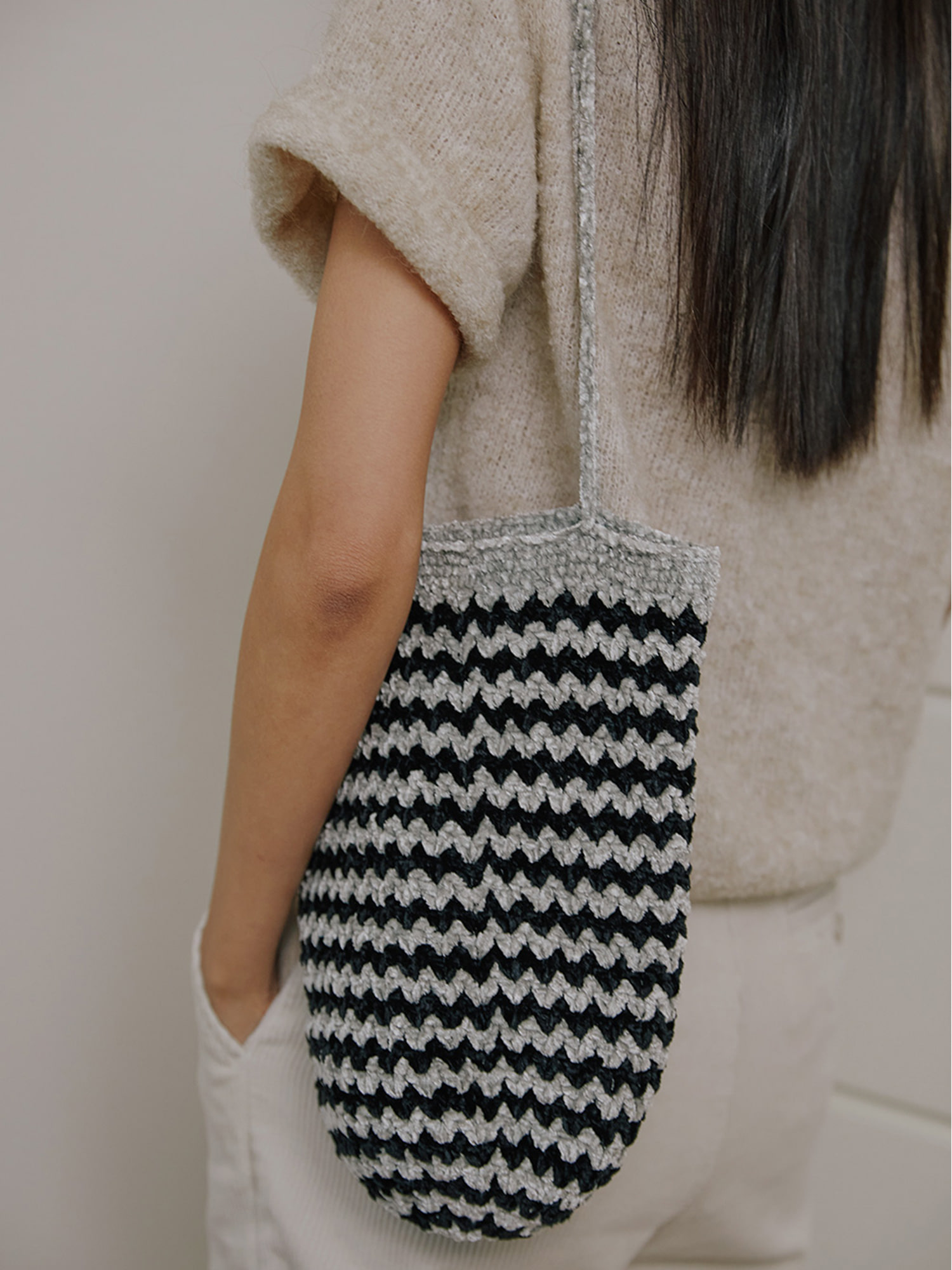 Velvet Stripe Shoulder Bag - Gray